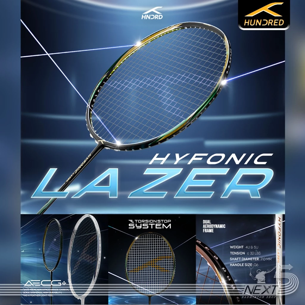 Hundred ไม้แบดมินตัน รุ่น Hyfonic Lazer สายสมดุล มี2สี ขาว/ดำ 4U/5U ฟรีเอ็น ซอง ประกัน รูปที่ 1