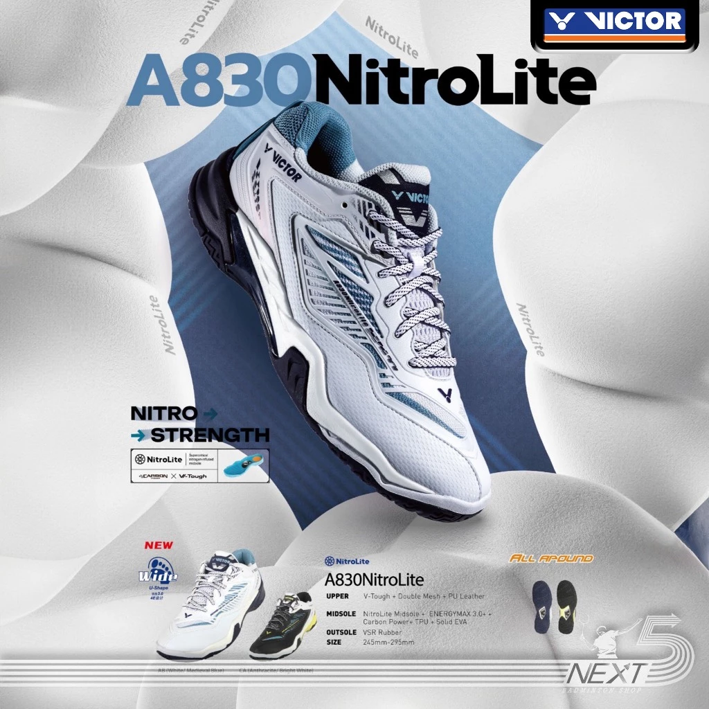 Victor รองเท้าแบดมินตัน รุ่น A830 NitroLite U-SHAPE 3.5 หน้ากว้างพิเศษ มี 2 สี ขาว และ ดำ รูปที่ 1